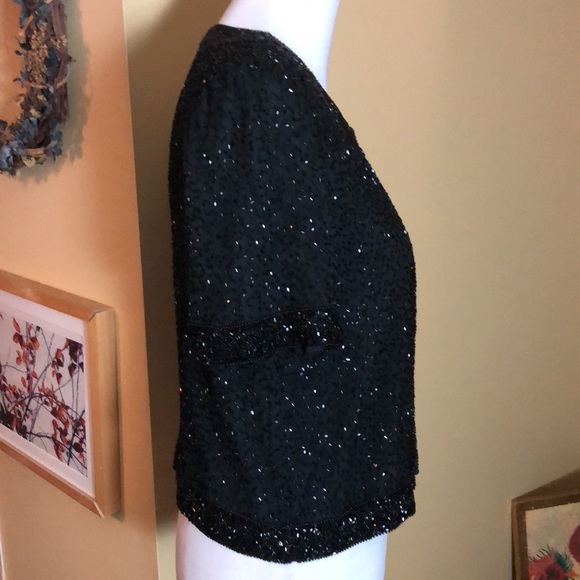 Vintage Y2K STENAY Size Small Beaded Silk Evening Top Blazer Ink Black Elegant - Picture 3 of 16